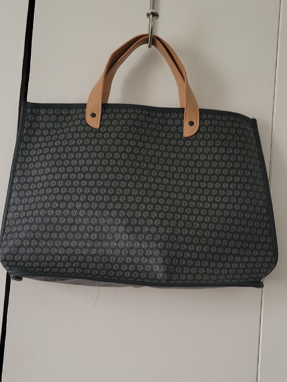 Black Patterned Laptop Tote with Tan Handles